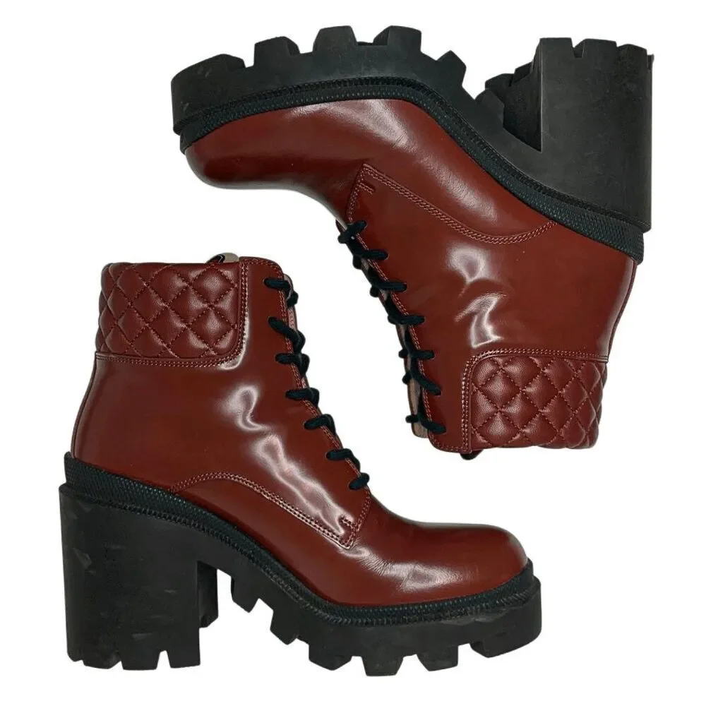 Gucci Magnum Garnet Red Patent Leather Lug Sole Lace Up Boots 37.5 Block Heel - Picture 6 of 12